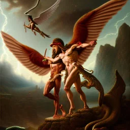 The winged messenger Hermes delivering a message to Zeus but Zeus is a Hydra. Medusa and the Minotaur are fighting in the background. High definition oil painting.