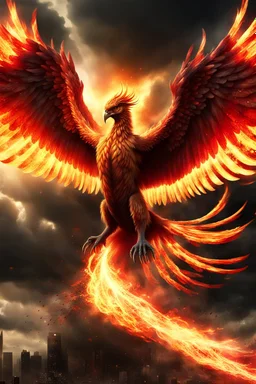 Create a ultra high definition and photorealistic image, 12k quality of a beautiful phoenix, majestic and strength showing, emphasis on texturized claws, upclose with a front view flying towards the camera, centre of an explosive and chaotic background scene of Armageddon where he is followed by demon like dark clouds in persuit trying to grab him, phoenix has striking eyes and determined look, majestic wings folded inwards in flight, bright auburn, black, white, grey and yellow colours, gothic