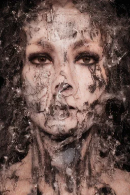 A realistic , 8k high quality image of a person's face from above, face is covered with a plastic, can't breath, suffocating with the face showing like vacuumed under the plastic, eyes open and looking in fear, metaphorically depicting the suffocating grip of anxiety, gothic and dramatic, chaos80 , with debree flying around, abstract