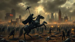 cyberpunk interpretation of Bruegel's "The Triumph of Death", capturing the symbolic "harvest" of humanity. this is terror. A dystopian metropolis under smog sky, where cybernetic soliders reapers are executing physical harvest. Many of humans citizens killed an army of cyberwarrior androids and robots, panicking running people, many bodies lying on the ground. a cyber-death warrior in black hood with futuristic gun on a mechanical robot horse, thriller, detailed, cinematic