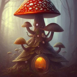 the large Amanita muscaria mushroom as a fairy home.dark fantasy art by savvas apterus