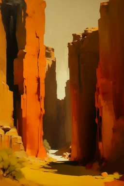 An orange colored rocky canyon with a temple ruin painted by Clyfford Still