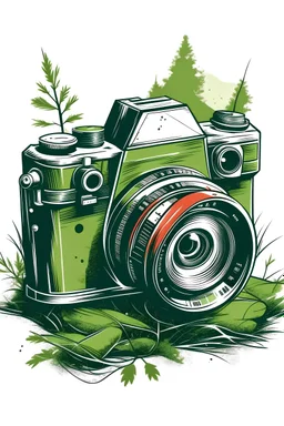 A vintage film camera resting on a moss-covered rock, sunlight filtering through leaves overhead. Style: Retro, Mood: Nostalgic, Lighting: Dappled sunlight, T-shirt design graphic, vector, contour, white background