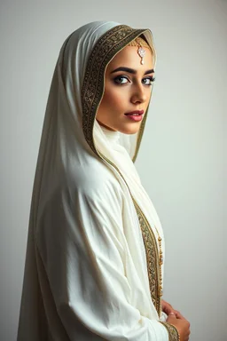 Traditional Arabic women , full body side view, looking at the viewer, white make up on her face, , traditional si, studio photograph, very aesthetic, highly detailed, brilliant composition, hyper realistic, photorealistic, subsurface scattering matt painting