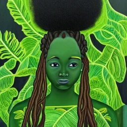 Painting .the face of A young black woman. A wood nymph emerging from the forest. Her hair looks like vines. Dreadlocs. Her skin is the colour of dark soil. Her skin looks like tree bark. Her clothing is made of vines, grass and leaves.