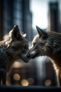 macro photo of wolves kissing over a skyscapers,shot on Hasselblad h6d-400c, zeiss prime lens, bokeh like f/0.8, tilt-shift lens 8k, high detail, smooth render, down-light, unreal engine, prize winning