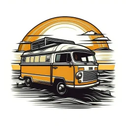 A retro camper van parked by the ocean, nostalgic, carefree, golden hour lighting, T-shirt design graphic, vector, contour, white background.