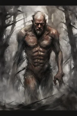 a stupid and crazy stone giant walks through the forest and breaks, vivid emotions, watercolor, photorealism, dark fantasy, bad weather, gloomy day, dark world, sketch art, fine lines, grunge, sensual, darkness, by Raymond Swanland & Alyssa Monks & Anna Razumovskaya