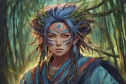 full color front facing portrait of a spirit possessed female shaman with highly detailed hair and slim, narrow facial features, trekking through haunted mountain bamboo forest, pierced by shafts of early evening light , danger lurks everywhere but she is undeterred and resolute in her purpose, art in the style of spirited away, studio ghibli, 8k , finely detailed and precise line work, soft gauzy pastel colors