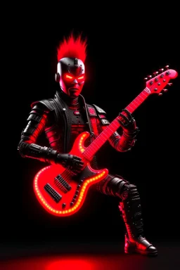 A realistic 4K robot terminator with a red punk crest playing bass, black background, flames all around him.