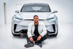 The image shows a man sitting on the floor in front of a futuristic-looking silver Tesla Cybertruck. The man is wearing a white jacket, black pants, and black shoes, accessorized with a chain necklace. The setting appears to be a sleek, minimalistic indoor showroom with white floors and walls, giving the scene a modern, high-tech atmosphere.