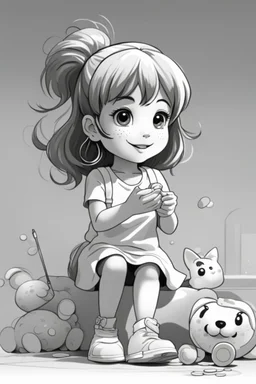 A round-faced little girl happily holding a bunch of colorful balloons. Circles can be used to depict the balloons, her eyes, and the sun in the background. very happy , Colloring page for todlliers ; basic hawali style cartoon , black and white , ink outlines , , smooth , anime style , minimalist , cute eyes , full body , white shose , sketchbook , realistic sketch , free lines , on paper , character sheet , clean line art high detailed