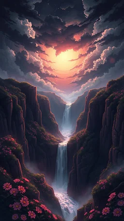 black, dark clouds, glowing, waterfalls, flowers, canyon, anime style, GHIBSKY Style