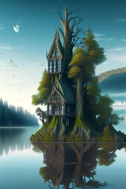 gothic building on a lake shore with fantasy trees and rocks