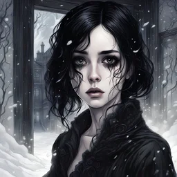dessin d'une jolie jeune femme goth triste aux cheveux noirs et aux yeux noirs est dessinée, son visage dépeignant à la fois la curiosité et la crainte. Ses yeux sombres reflètent la lumière sinistre qui émane du manoir, tandis que des tourbillons de neige tourbillonnent autour d'elle, soulignant l'isolement et la désolation de l'environnement. À travers la porte entrouverte du manoir, une lumière mystérieuse se répand, invitant la jeune femme à entrer dans l'inconnu. L'atmosphère est stressant