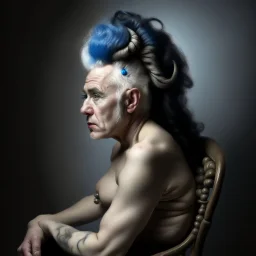 a detailed portrait of old man with a extravagant blue mohawk by edouard bisson, punk rock, oil painting, muted colors, soft lighting