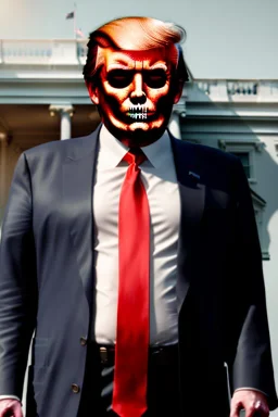 Ultra realistic image, Donald trump zombie, zombie performance, suit, skull, blood, torn arm, night, walking twisted, waist up view, thriller style, dark ambient, highly detailed, White House background, concept art, unreal engine 5, ray tracing, RTX, ultra detail, volumetric lighting, high definition, high resolution.