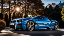 A sleek (((a fusion of buagtti and bmw))), its glossy shell reflecting the (((bright sun))), cutting through a (((clear bright blue morning sky)))