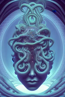 Spiritual being with Tentacles over human Head creating reality around, wrapping Spiral around Human, Psychedelic