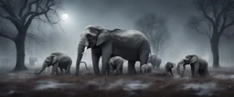 Hyper Realistic zombies & elephants on the field behind a huge dark mansion with dry old tree at a foggy snowfall night