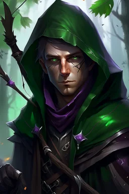 Portrait of male rogue elf, hooded purple hair, bright green eyes, brown skin, messy, disheveled, assassin, bow and arrow, black leather clothes, hiding, trees