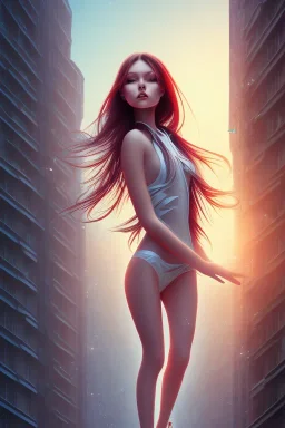 Girl falling off a building, looking down, long hair, cute, beautiful