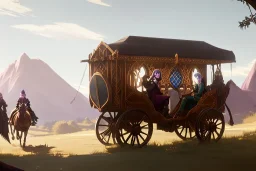 Fantasy Adventurers inside a traveling caravan, horse carriage, landscape