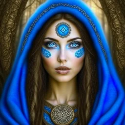 Blue eyed traditional pagan woman art with with runes and nature