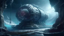 Estación espacial abandonada orbitando un planeta muerto, interiores cubiertos de hielo cósmico y grafitis de IA consciente, ilustración conceptual tipo matte painting con atmósfera fría y dramática