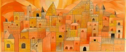 A light rosy orange colored underground village with a mining factory designed in Moroccan rug art painted by Paul Klee