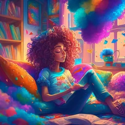 A beautiful girl with curly hair is sitting on the sofa in her room and her beautiful and colorful dreams are flying around the room. A room full of joy and passion and color, digital art, anime, 4k, full details, high resolution