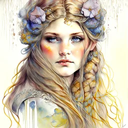 flowers on her hair in the style of Jean Baptiste Monge and Tim Burton, splash fast strokes, highly detailed, studio lighting, crisp quality, watercolor, wet on wet