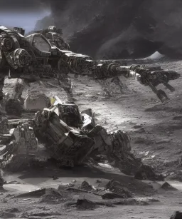 Crashed photorealistic futuristic destroyed mechanical mechwarrior abandoned wreckage in old blast crater on the lunar surface