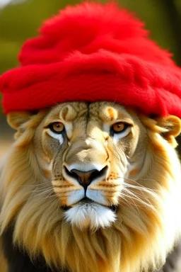 A lion wears red MEGA hat