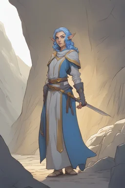 Dnd character in a cave. A female Elf twilight cleric with curly, short, blue hair and golden eyes, wearing gray and blue robes. Etheral, muscular, strong.