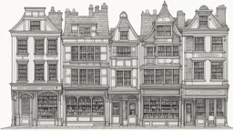A highly detailed front elevation line drawing of a row of tall, narrow fantasy 2-, 3- and 4-storey houses with shops and a tavern. like Diagon Alley