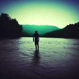 dark man shadow float in sky. scared people. river. river rock . valley . night