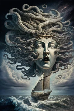 A sailboat of which front is Medusa head is flying into the universe.