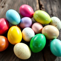 A hyperrealistic photograph, 16:9 aspect ratio, ultra-high resolution, showcasing a meticulously arranged cluster of Easter eggs on a rustic, weathered wooden surface. The eggs, vibrant and glossy, exhibit a spectrum of spring colors: sunflower yellow, robin's egg blue, fuchsia pink, and emerald green, interspersed with speckled variations in ivory and cream. Each egg's shell displays subtle textural variations, reflecting the soft, natural light illuminating the scene. The light, a warm, dif