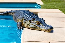 setting of a suburban background with an in-ground pool with a pool springboard, alligator with its eyes shut dozing on the pool's springboard, intricate details, cinematic lighting, sunny day