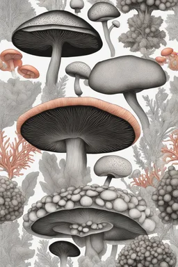 Exotic Flora, fauna, mushrooms, fungi and coral at the End of the Multiverse black liquid Land