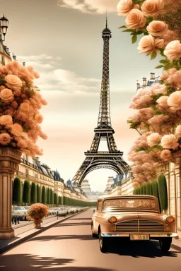 generate Paris skyline florist door women irrigate flowers street with a man and son car rose gold color eiffel tower Vintage