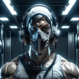 Boy, realistic, muscular, front face, mask face, headphones, In gym, ps5, quality hd