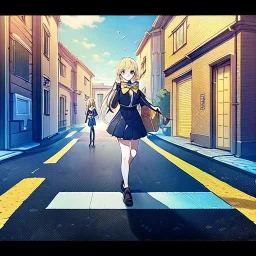 anime girl walking down a yellow brick road, road signs, arrows, direction, anime girl walking,girl hanging onto a bow and arrow