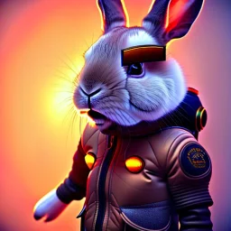 Rabbit toddler, smile, steampunk headphone, sunglass, gangsta neckless, full body, orange puffer jacket, manila background, dramatic lighting, hyper realistic, unreal engine 5, 16k