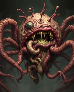 A horrific disgusting intestines and guts horror monster blob with eyeballs, teeth, needles, stingers, toxic slime, consuming a human with mutated deformed body many limbs, poisonous mutant creature, flesh, bones, anatomical structures