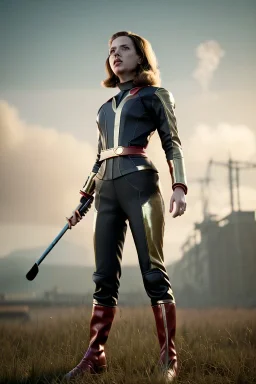 retro portrait image from 1960, explosion background, wind, long hair, young Scarlett Johansson, classic black tight lycra suit, metal stick weapon, gold bracelet and belt, high heel boots, soft color, highly detailed, unreal engine 5, ray tracing, RTX, lumen lighting, ultra detail, volumetric lighting, 3d, finely drawn, high definition, high resolution.