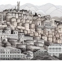 Skyline+city on inslands+Trainstation on cliff+Beaux Arts architecture mixed withVignola classicism +palladio+detailed facades+uphill road+trees+Bueno Aires genoa+trieste+cuba+biopunk+Book illustration by Gediminas Pranckevičius, Jean Baptiste Monge, Brian Kesinger, Anton fadeev, Kilian Eng, strong lines, high contrast vibrant colors, highly detailed, 16k resolution, trending on behance