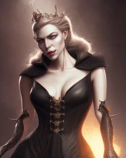 old evil queen in black leather gown, femme fatale, volouptous, busty, cleavage, angry, emperious, 8k resolution concept art portrait by Greg Rutkowski,