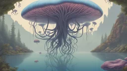 floating alien mushrooms with jellyfish tentacles, rampant foliage, and vines, next to a lake, photorealistic, Intricate Detail"